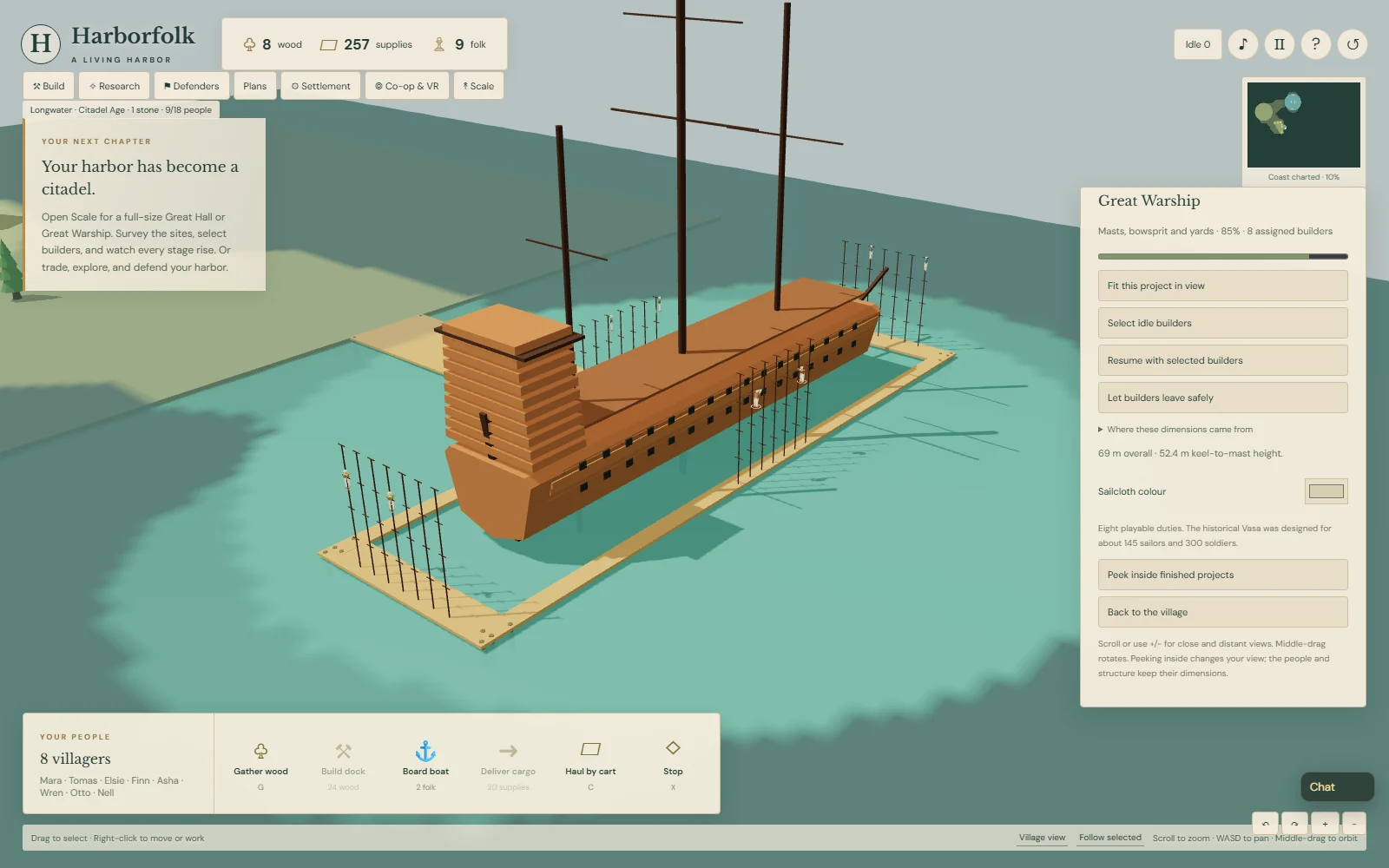 A Vasa-inspired Great Warship under construction with masts and real assigned builders
