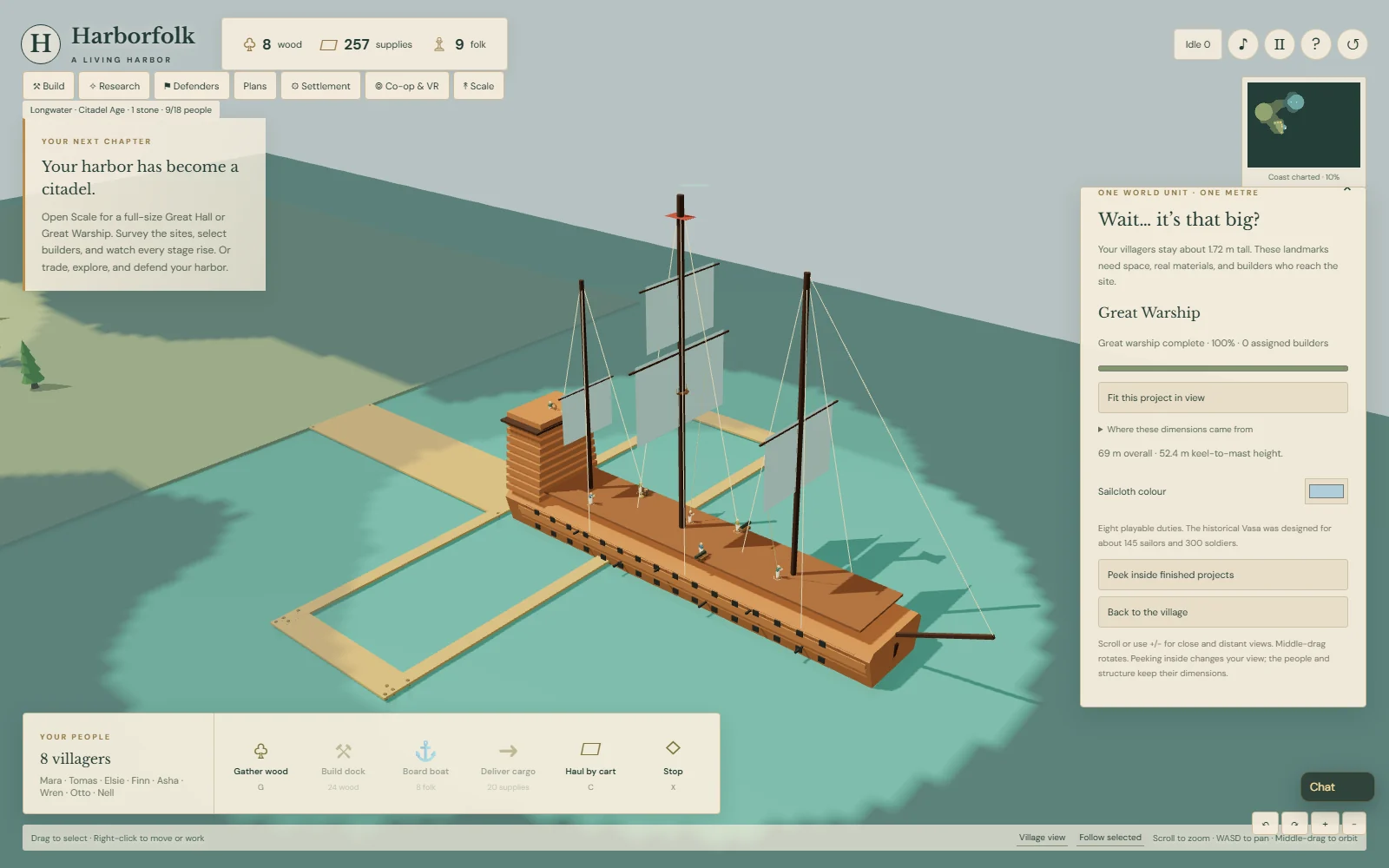 A launched full-size Great Warship with towering masts and villagers visible at occupied deck stations
