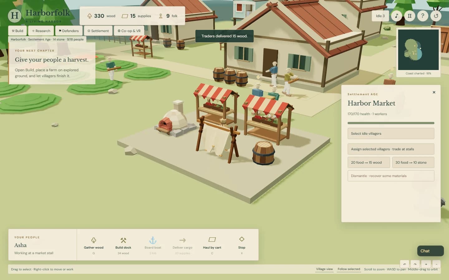 A working Harbor Market with a trader, stalls, bread oven and drying-net rack