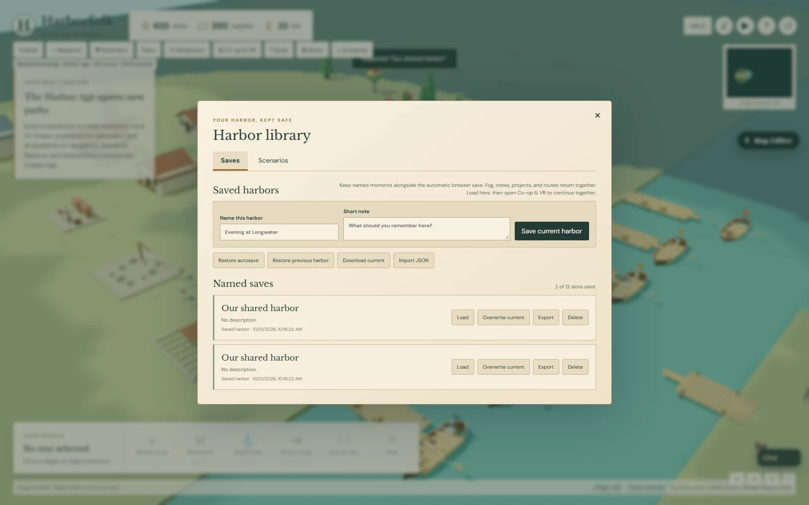 Harborfolk save library showing named saved worlds and export controls
