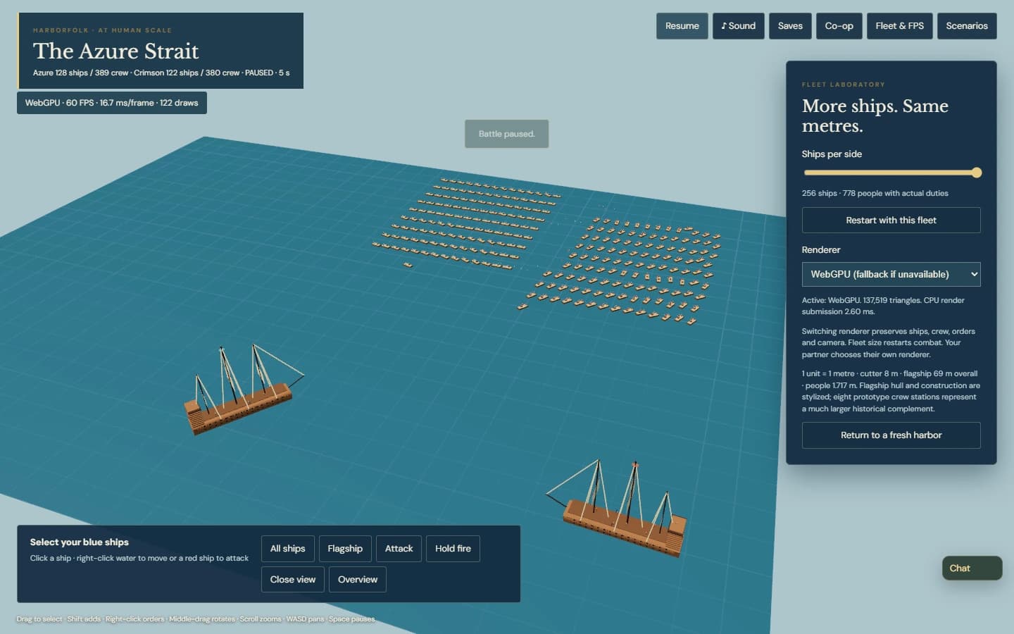 Harborfolk naval fleet slider set to 128 ships per side with a real WebGPU FPS counter