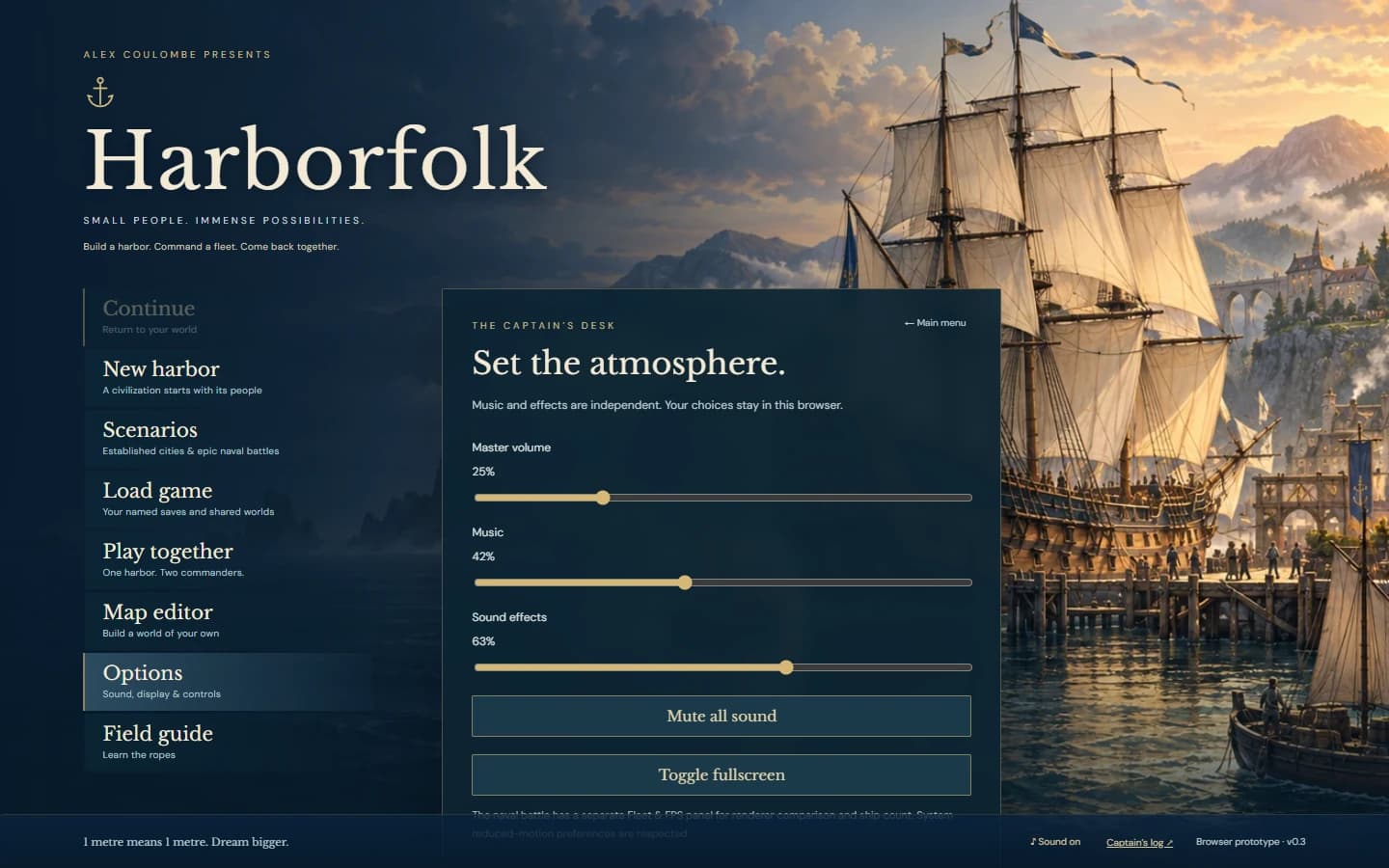 Harborfolk options with independent audio sliders and keyboard control hints