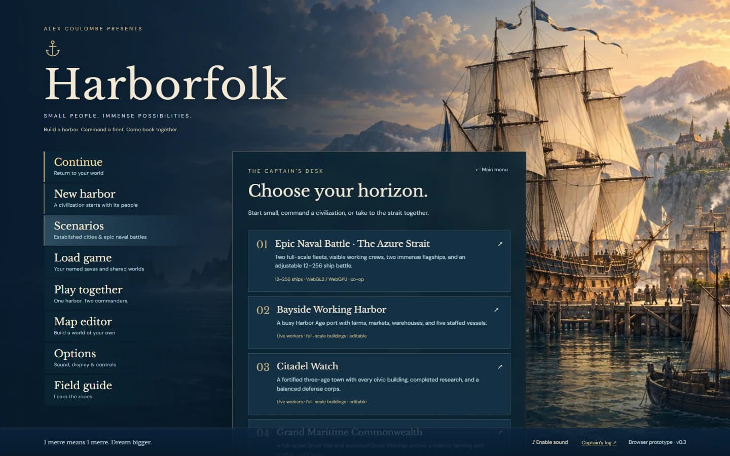 Harborfolk scenario selection showing the naval battle and developed civilizations
