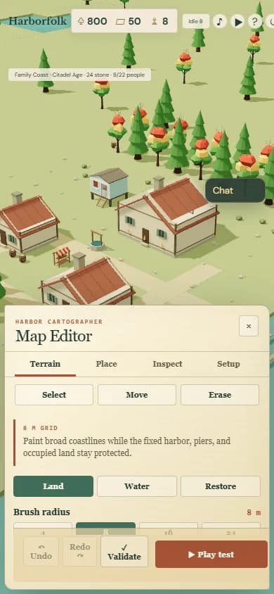 Narrow Harborfolk screen with the map editor occupying its lower half