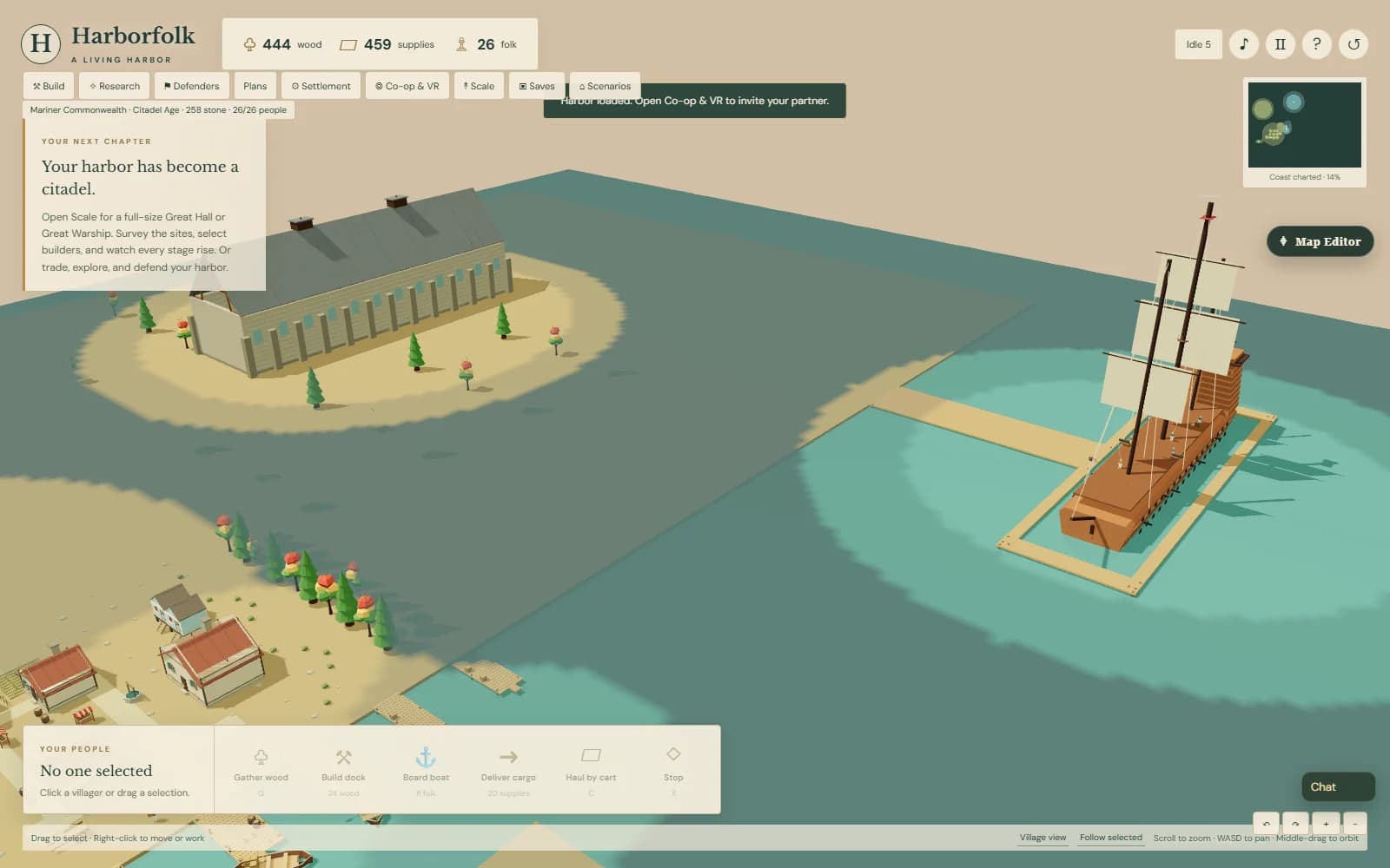A huge Hall and launched warship overlook a developed Harborfolk town
