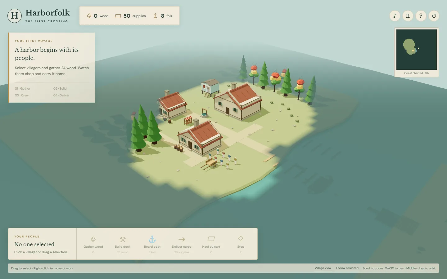 Harborfolk's 3D village, workers, and wooded shoreline
