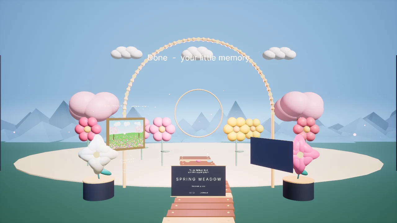 The cloud-interpreted garden fixture rebuilt as small trees, flowers and clouds on a stage