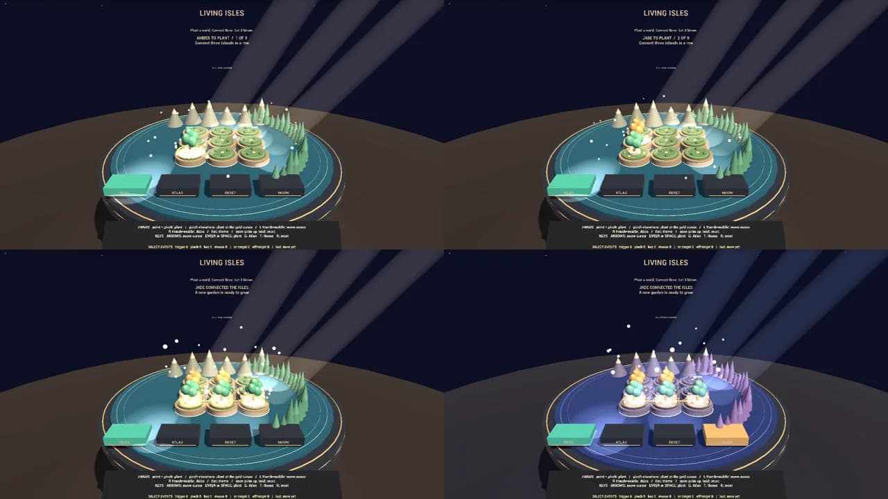 Four mobile-preview frames of Living Tabletop showing a small island board as trees grow and the lighting changes