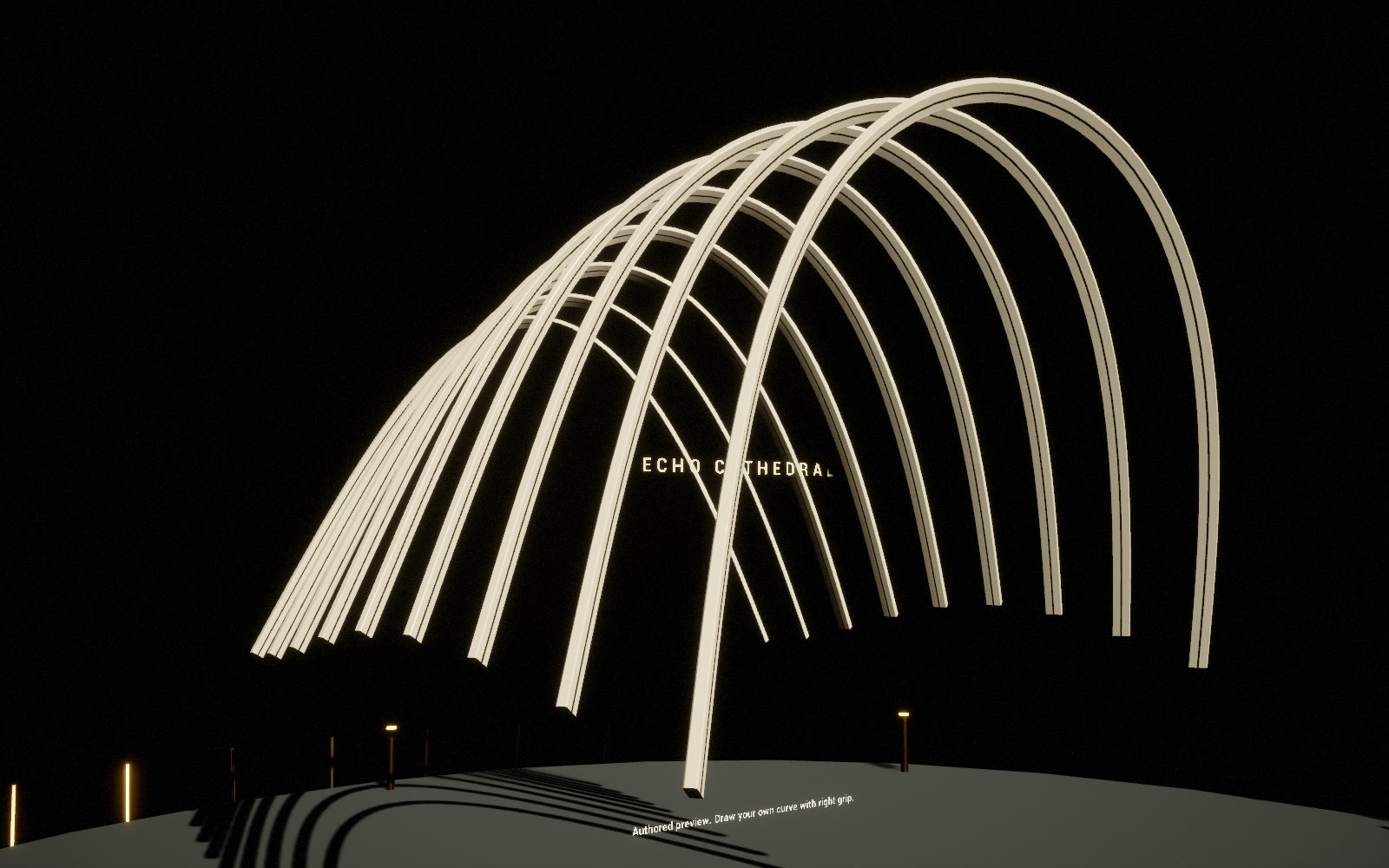 Nine porcelain ribs arching overhead in Echo Cathedral