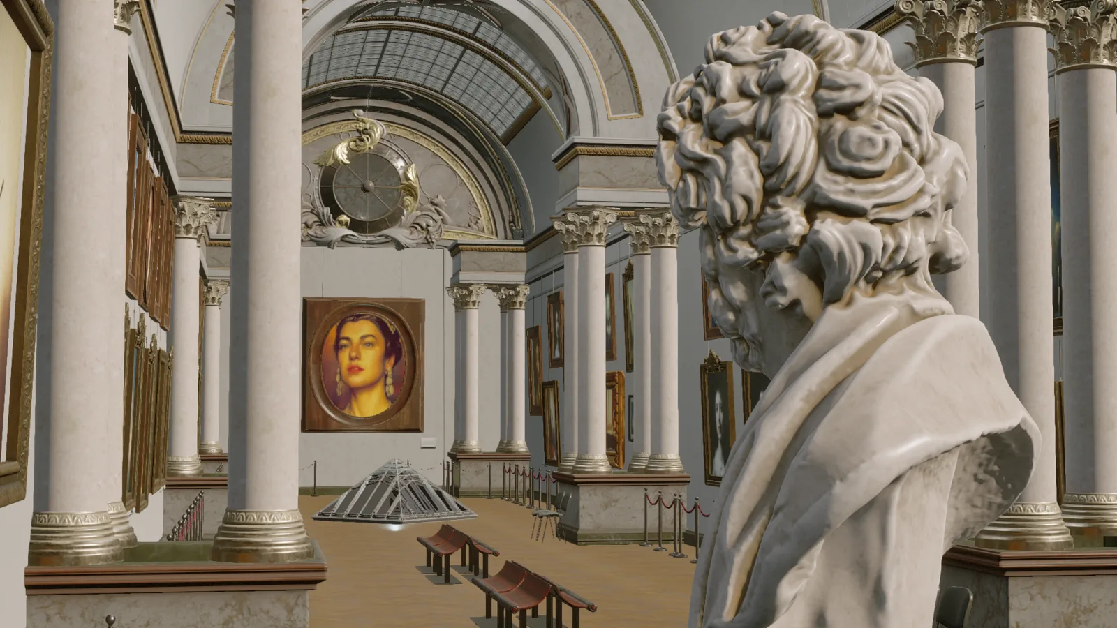 A grand marble museum gallery with barrel-vaulted glass ceiling, framed portraits on the walls, a marble bust in the foreground, and a glazed pyramid structure sitting on the floor.