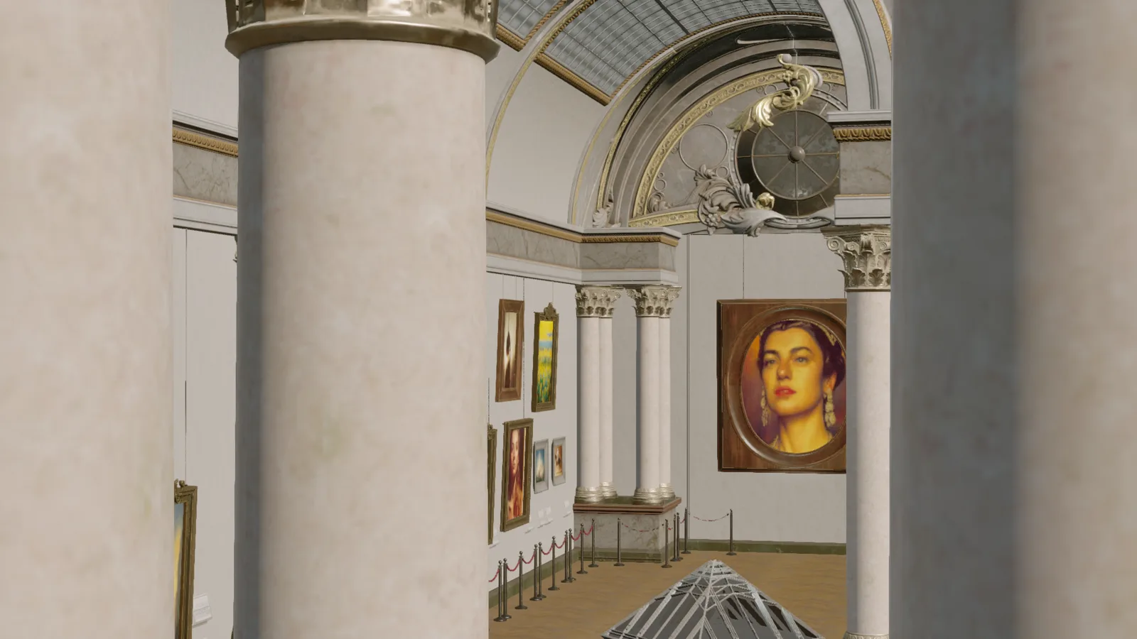 The same museum hall seen from behind a foreground column, with a round portrait of a woman in earrings hanging center-frame and smaller paintings lining the side wall.