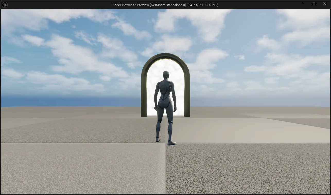 A gray reference mannequin stands on a bare, untextured concrete plaza under an open sky, in front of a bronze archway with a glowing white panel, inside a running Play-in-Editor window.