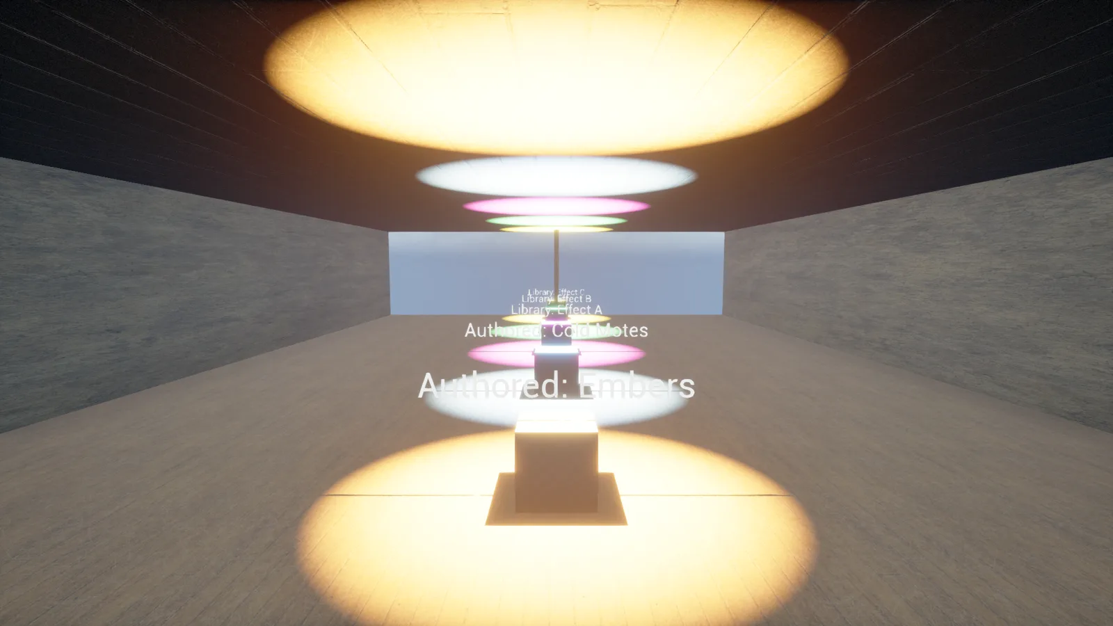 A dark hall viewed down its length, five plinths in a row each lit by a colored spotlight-like pool on the floor and ceiling, with readable text labels including 'Authored: Embers,' 'Authored: Cold Motes' and 'Library: Effect A/B/C.'