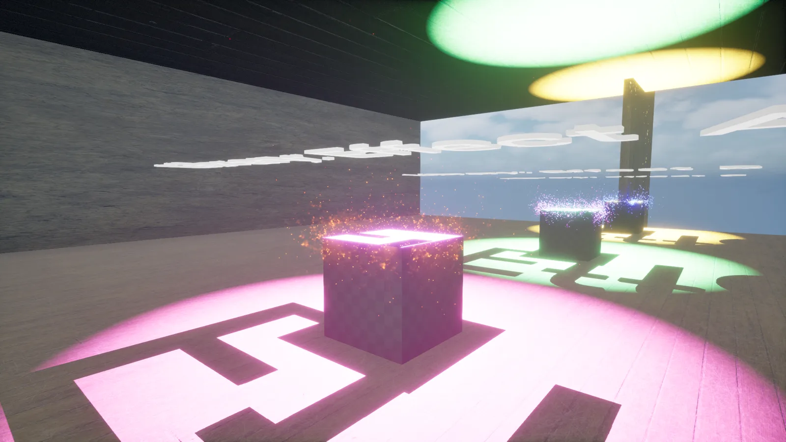 A cube on a plinth glows inside a pink circular floor pool, with orange spark particles drifting off its top edge and, behind it, a second plinth showing green and blue-white particle bursts.