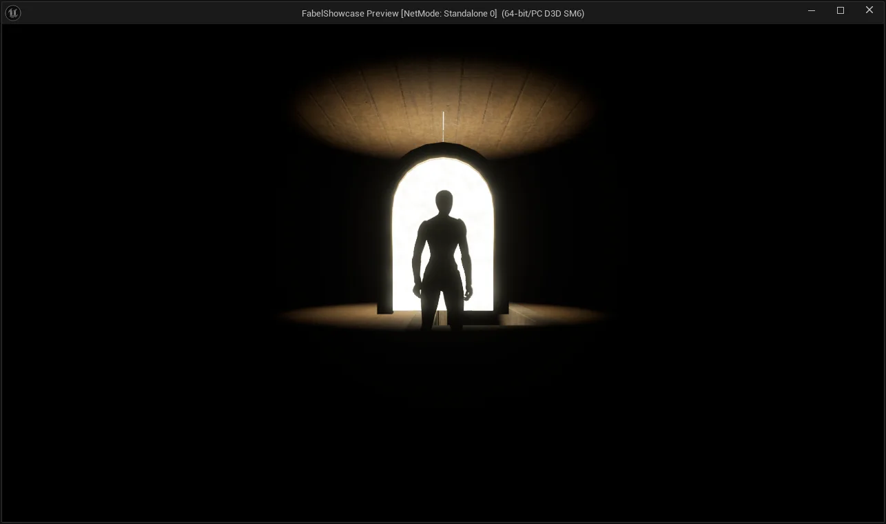 A dark silhouette of a humanoid figure stands facing a bright, glowing archway at the end of a dim wood-paneled corridor, inside a running Play-in-Editor window.
