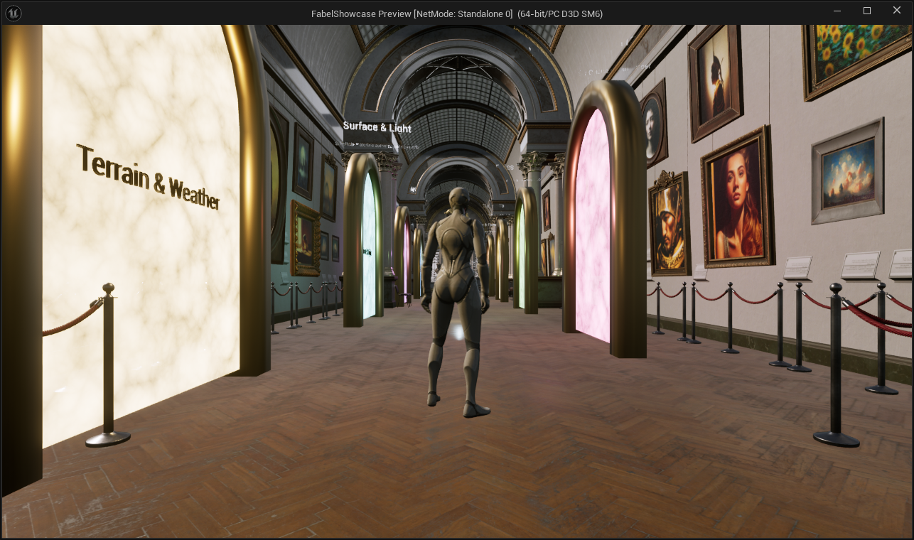 The mannequin looks along the museum's central aisle between glowing portals and framed paintings.