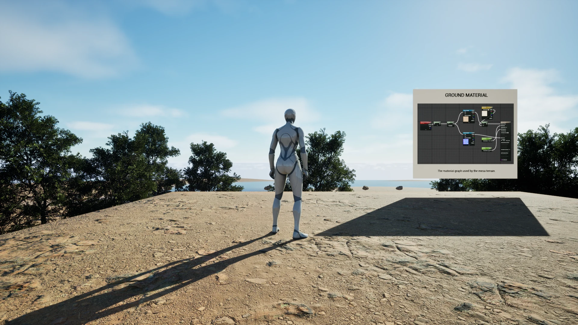 A third-person mannequin stands on a sunlit sandy mesa beside an exhibit panel showing the terrain material graph.