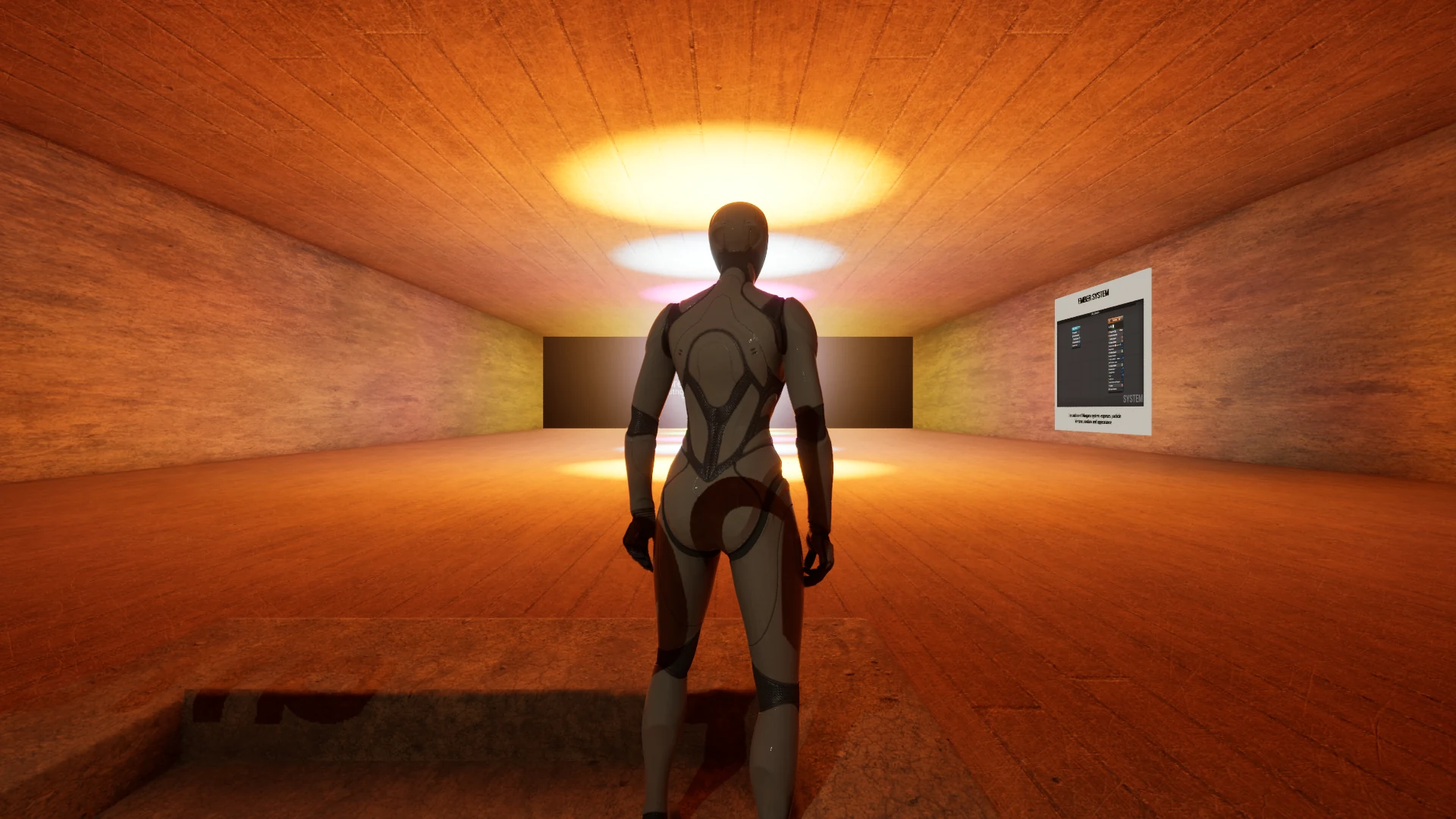 A warm orange exhibit hall contains bright colored Niagara effects and an in-world system graph panel.