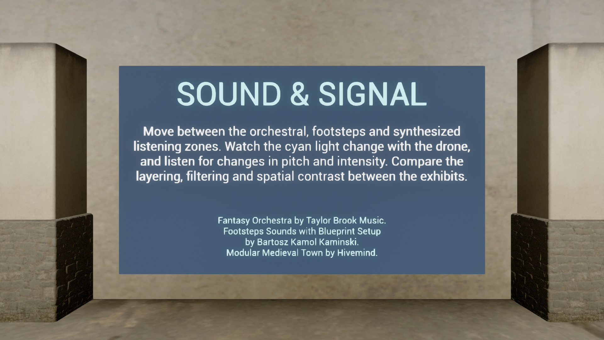 A centered Sound & Signal wall panel gives listening instructions and names the sellers of the music, footsteps and architecture assets.